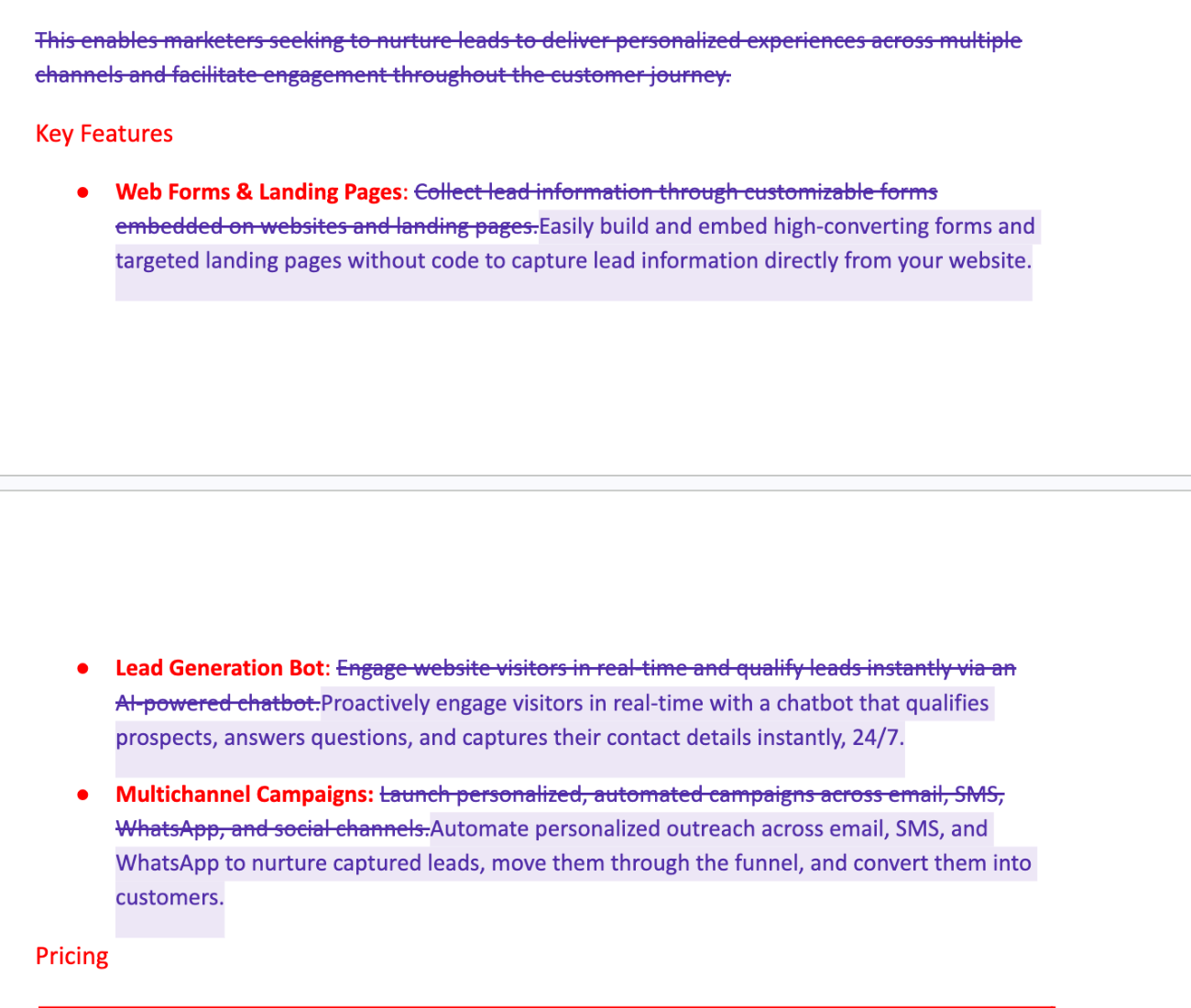 Sanitized tracked changes showing product copy editing