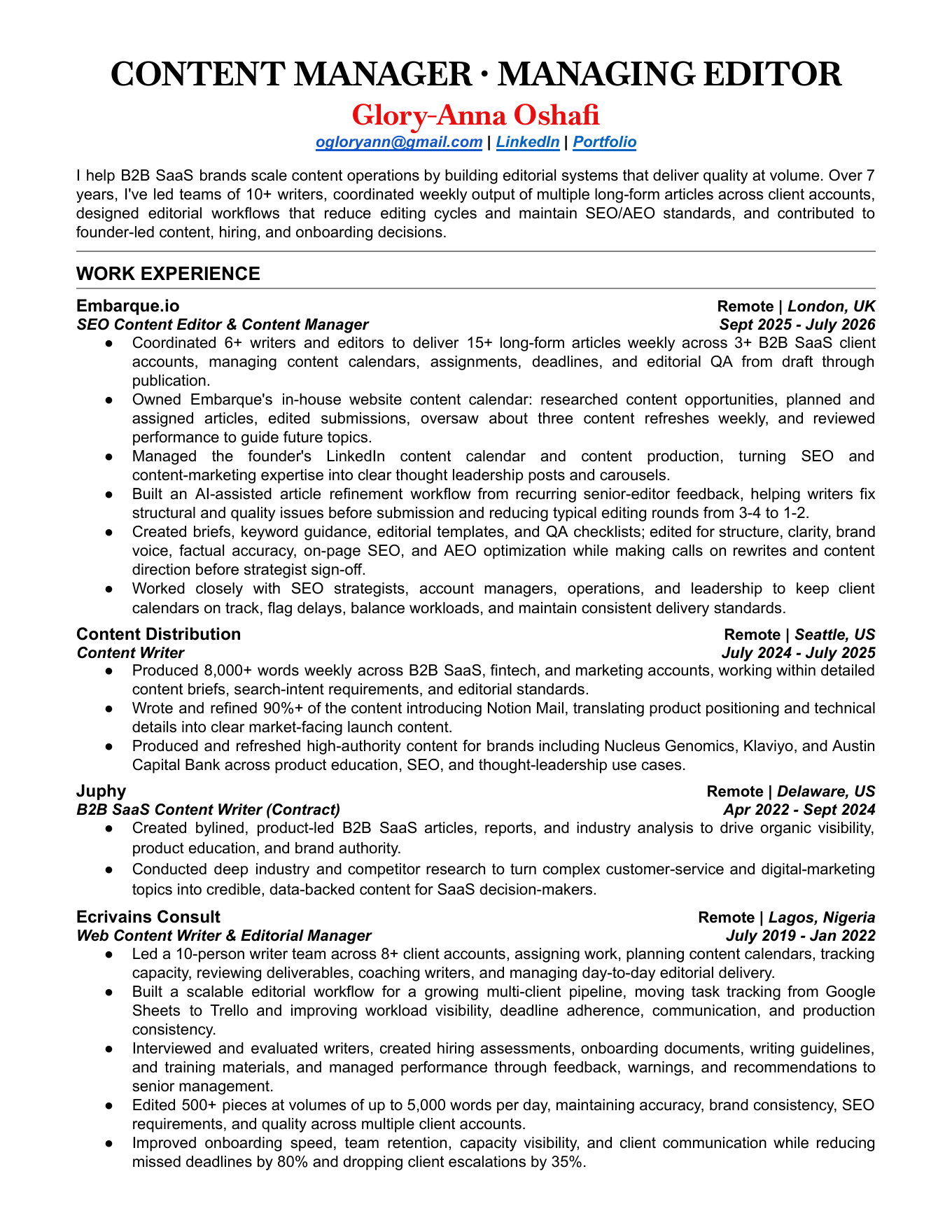 First page of Glory-Anna Oshafi's resume