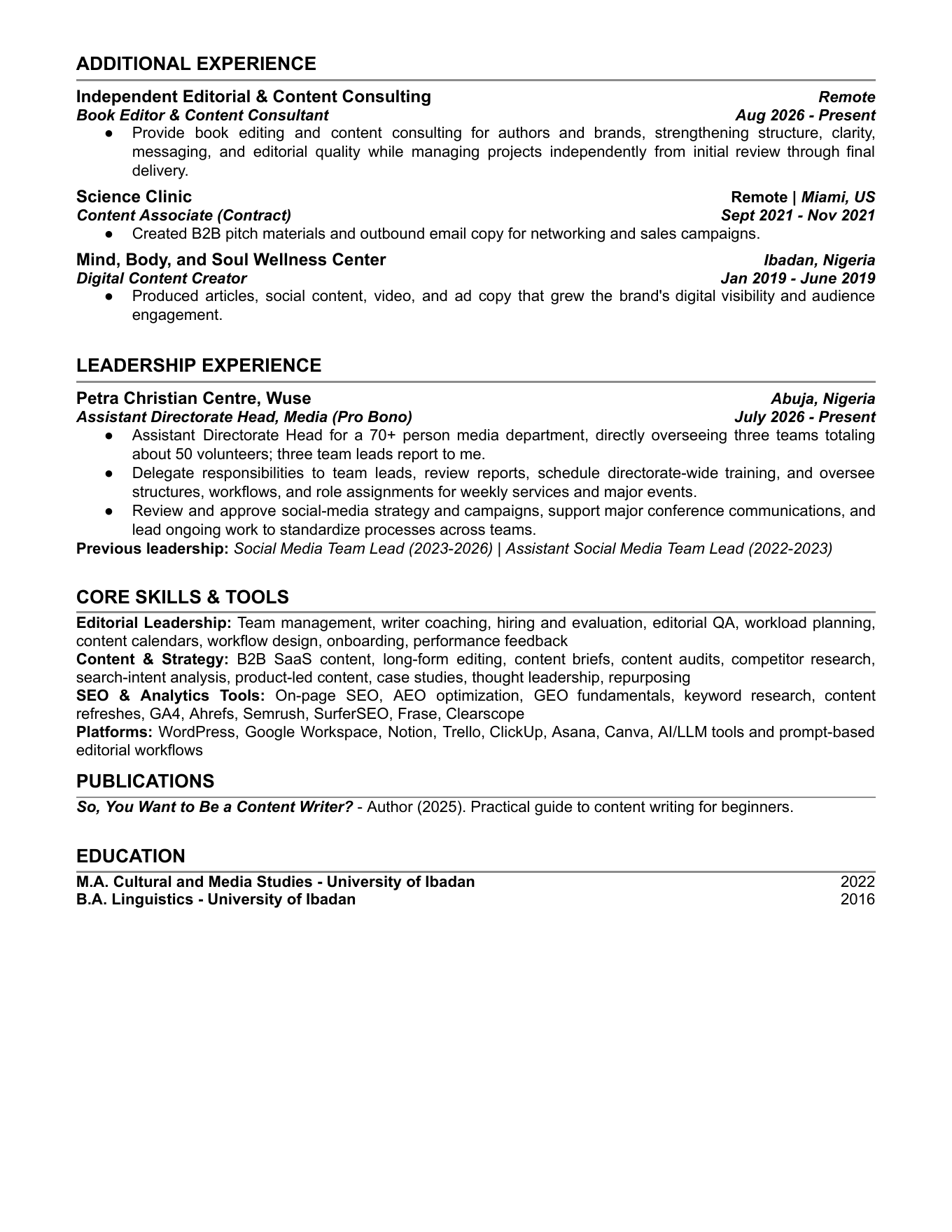 Second page of Glory-Anna Oshafi's resume